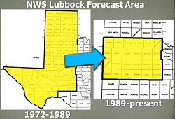 Image of NWS LUB's forecast area transition in 1989.