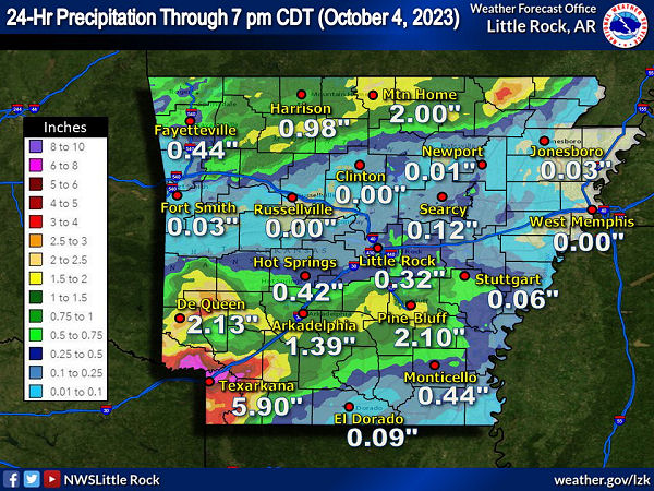 A map of Arkansas that shows 24 hr precip totals through 7 pm, Oct 4th.