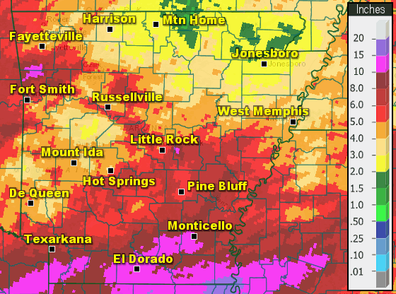 Precipitation across Arkansas.