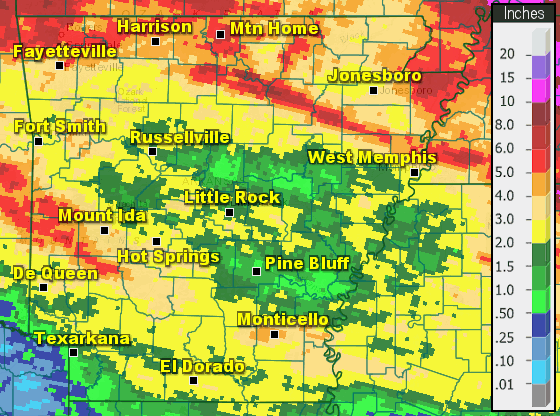 Precipitation across Arkansas.