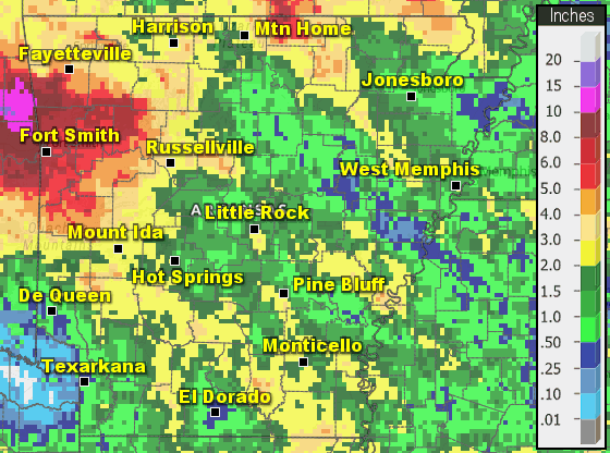 Precipitation across Arkansas.