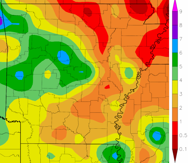 Precipitation across Arkansas.