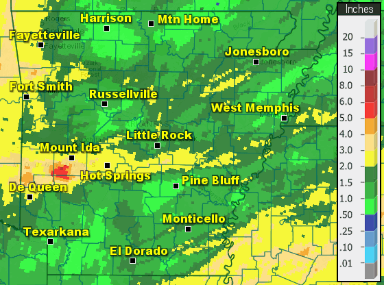 Precipitation across Arkansas.