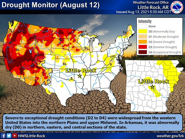 While parts of Arkansas were abnormally dry, drought was widespread from the western United States into the northern Plains and upper Midwest in mid-August, 2021.