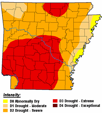 There was a moderate to extreme drought (D1 to D3) in much of Arkansas except the extreme east on 12/12/2017.