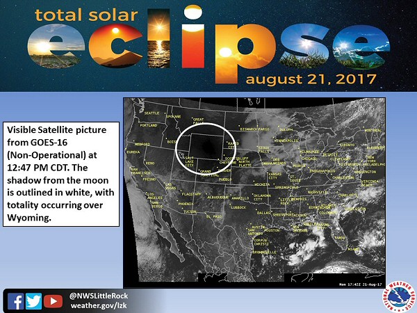 The satellite showed the moon's shadow over Wyoming at 1247 am CDT on 08/21/2017. This was roughly 25 to 35 minutes before projected maximum eclipse times for places in Arkansas (110 pm to 125 pm CDT).