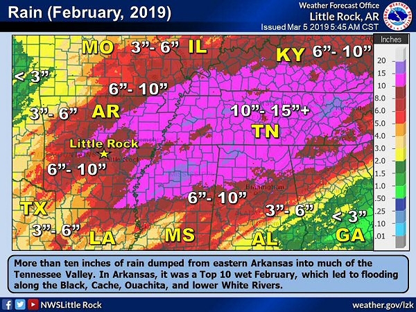 More than ten inches of rain was common from eastern Arkansas to much of the Tennessee Valley in February, 2019.