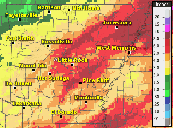 Precipitation across Arkansas.