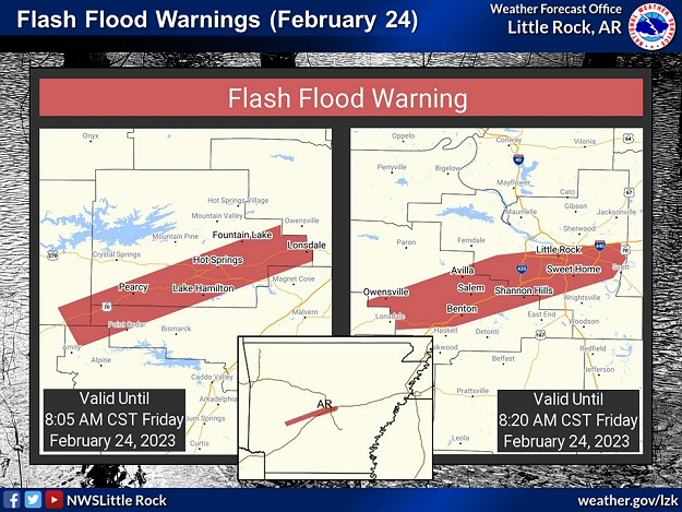 Flash Flood Warnings were posted along Highway 70 and Interstate 30 from near Bonnerdale (Hot Spring County) to Hot Springs (Garland County), Benton (Saline County), and Little Rock (Pulaski County) during the morning of 02/24/2023.