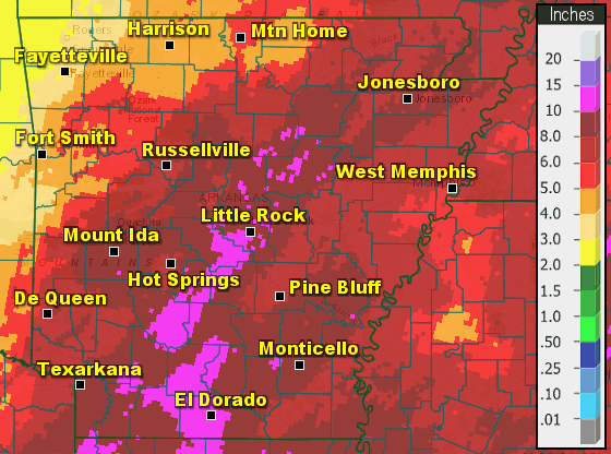 Precipitation across Arkansas.