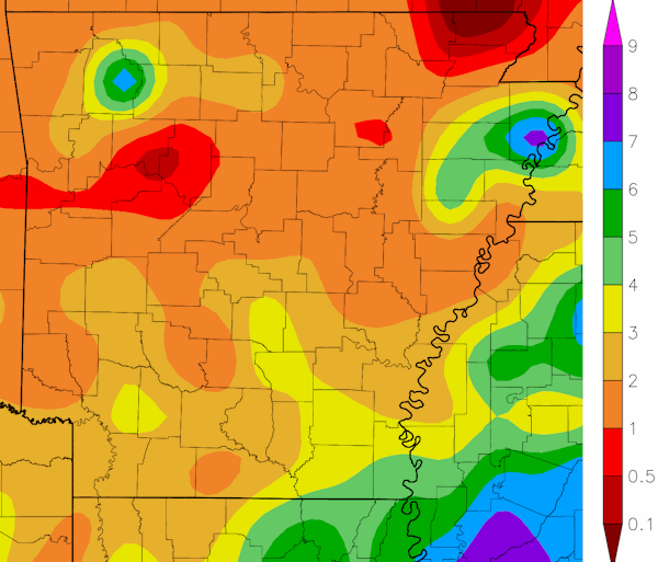 Precipitation across Arkansas.