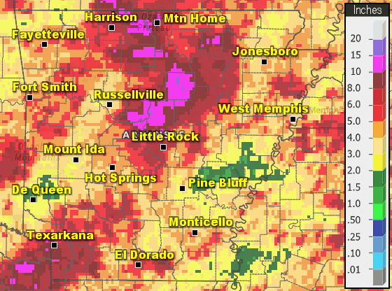 Precipitation across Arkansas in July, 2024.