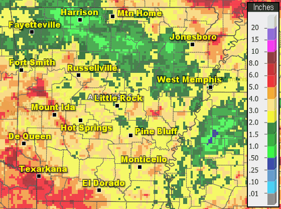 Precipitation across Arkansas.