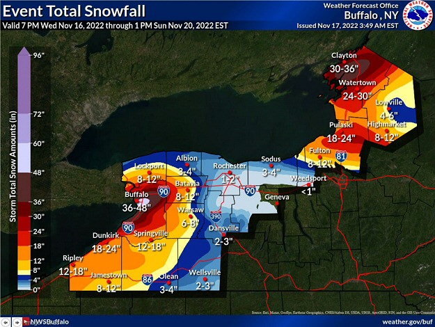 The forecast called for at least three to four feet of snow at Buffalo, NY in a four day period ending at 100 pm EST on 11/20/2022. The forecast is courtesy of the National Weather Service in Buffalo, NY.