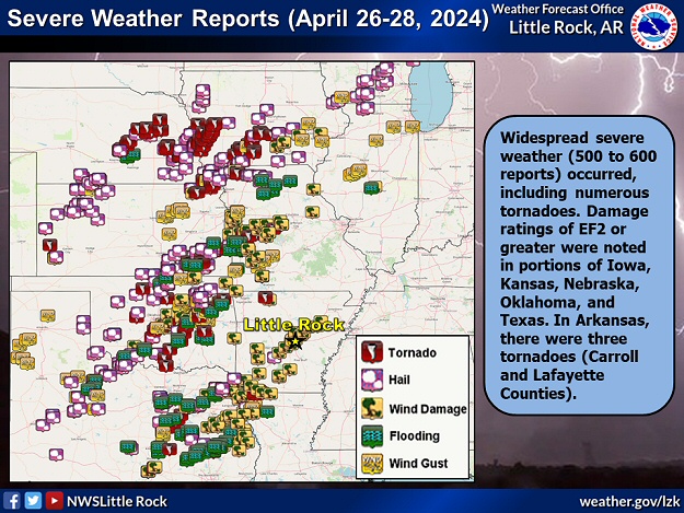 Severe weather reports on April 26-28, 2024.