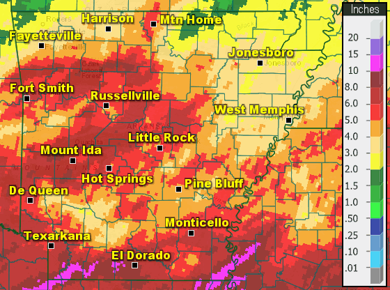 Precipitation across Arkansas.