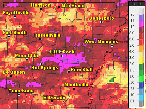 Precipitation across Arkansas.