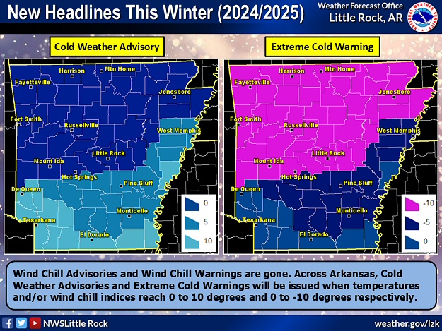 In preparation for the winter of 2024/2025, Wind Chill Advisories/Warnings have been replaced by Cold Weather Advisories/Extreme Cold Warnings.