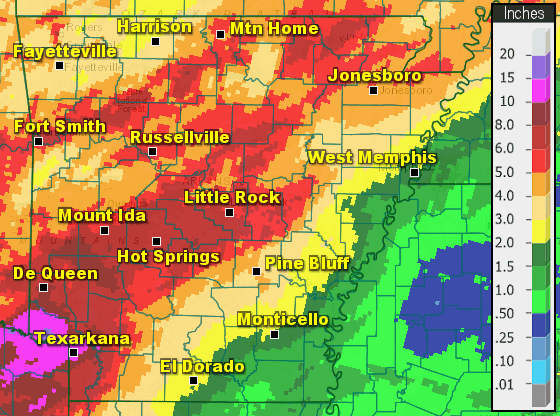 Precipitation across Arkansas.