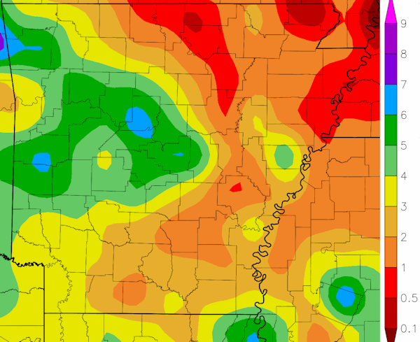Precipitation across Arkansas.