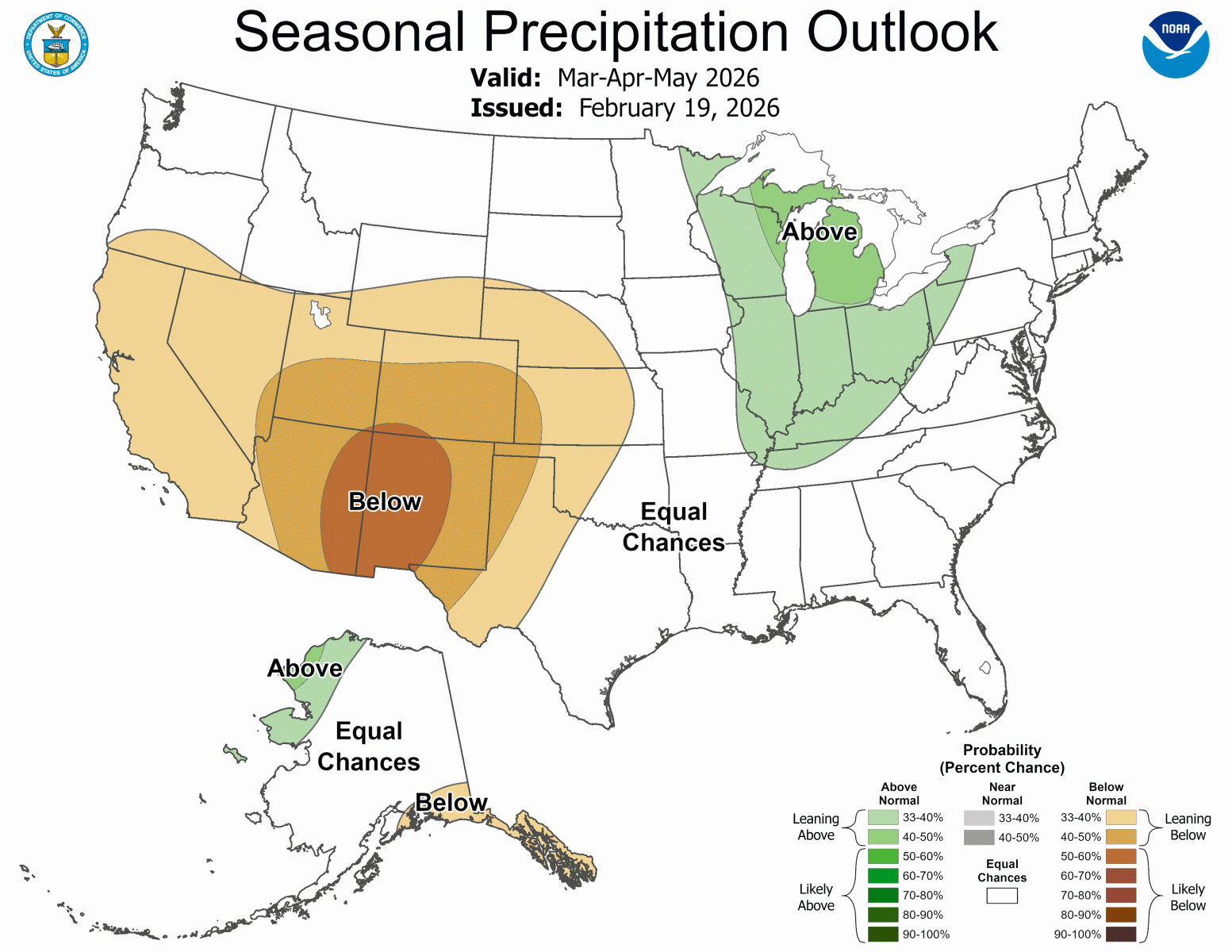 The spring outlook from the Climate Prediction Center is leaning toward wetter than normal conditions from the Ohio Valley into Arkansas, and in the Pacific Northwest. Drier than normal conditions are projected from the central/southern Rockies into the central/southern Plains, and in Florida.