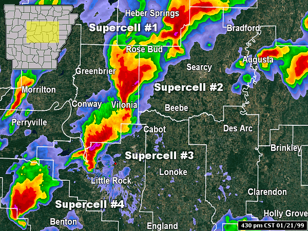 The WSR-88D (Doppler Weather Radar) showed four supercells (storms with rotating updrafts capable of producing tornadoes) at 430 pm CST on 01/21/1999. Strong rotation was noted in these storms.Â 