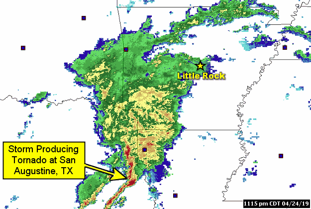 The WSR-88D (Doppler Weather Radar) showed showers and isolated thunderstorms building into the region late on 04/24/2019 and early the next morning. To the south, severe thunderstorms spawned tornadoes in eastern Texas and Louisiana. One tornado managed to make it into far southeast Arkansas.