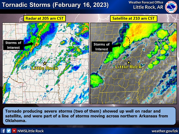 Tornado producing storms (two of them) showed up well on radar (left) and satellite (right) early on 02/16/2023. The storms were part of a line moving across northern Arkansas from Oklahoma.