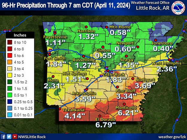 Four day (ninety six hour) rainfall through 700 am CDT on 04/11/2024.