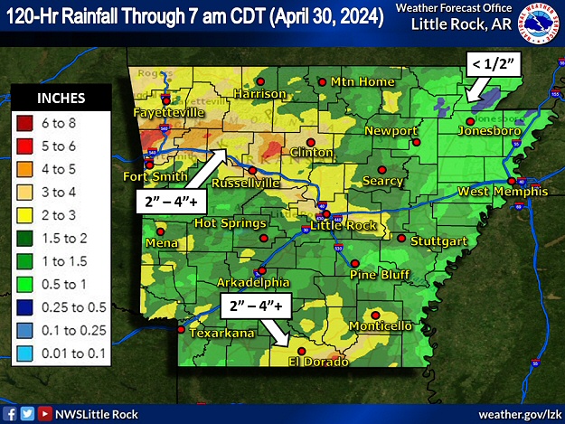 Five day (one hundred twenty hour) rainfall through 700 am CDT on 04/30/2024.