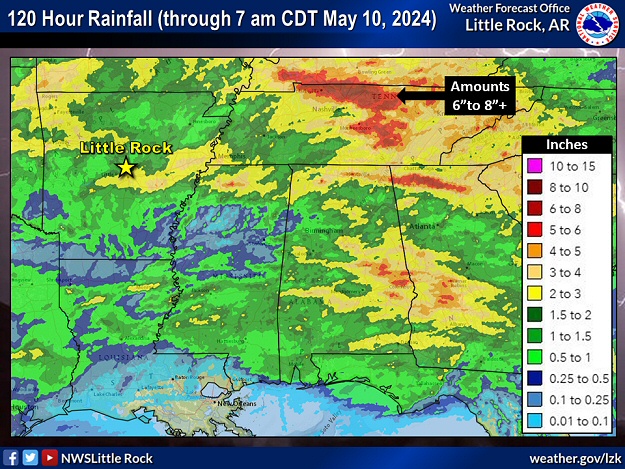 Five day (one hundred twenty hour) rainfall through 700 am CDT on 05/10/2024.