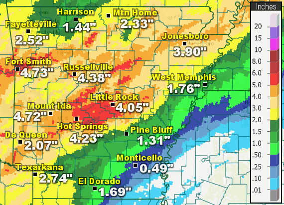 A map of Arkansas that shows 5-day rainfall totals. 