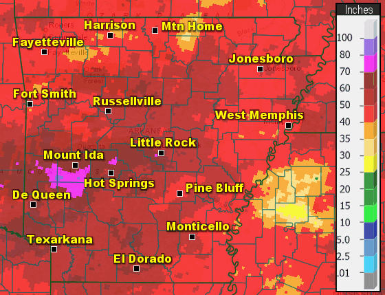 The wettest conditions in 2023 were found from central into west central (the Ouachita Mountains) and southwest Arkansas, with the driest areas in parts of the northwest (the Ozark Mountains) and southeast. Overall, it was a wetter than usual year by two to three inches.