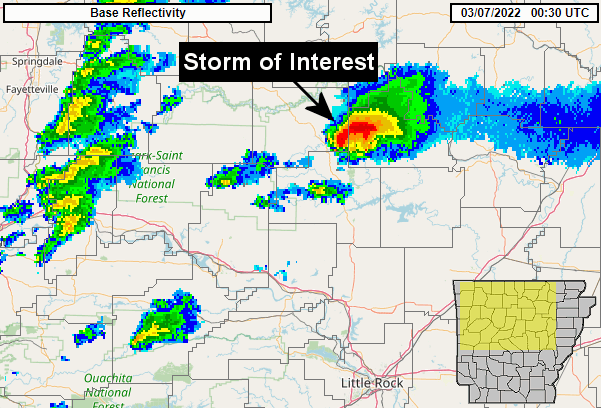 The WSR-88D (Doppler Weather Radar) showed a supercell (storm with rotating updrafts) moving from Searcy County into Stone County (northern Arkansas) at 630 pm CST on 03/06/2022. Rotation was persistent in the storm for several hours, and tornadoes were spawned.