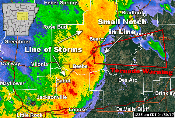 The WSR-88D (Doppler Weather Radar) showed a cluster of thunderstorms starting to bow out as they neared Searcy (White County) at 1235 am CDT on 04/30/2017. Along the bow, a small notch was noted, with strong rotation near the notch. A weak tornado (rated EF1) was spawned, with some structural and tree damage three miles south of West Point (White County).