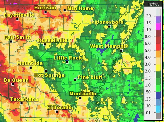 Precipitation across Arkansas.