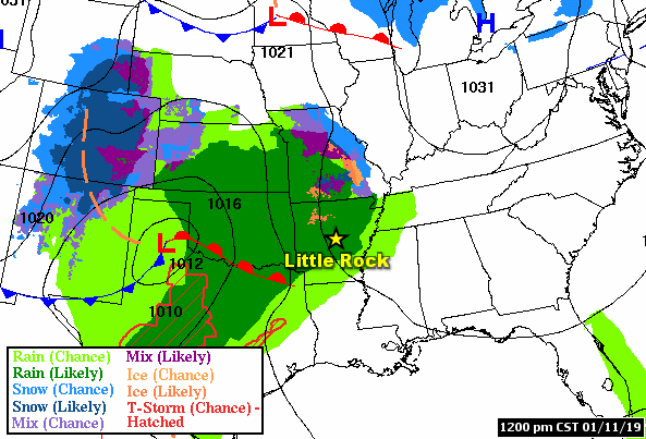 Forecast maps showed a storm system ("L") tracking across the southern United States and spreading mainly rain into Arkansas in the forty two hour period ending at 600 am CST on 01/13/2019. Light mixed precipitation was possible in northern sections of the state, with snow from the central Plains to the mid-Mississippi and Ohio Valleys.