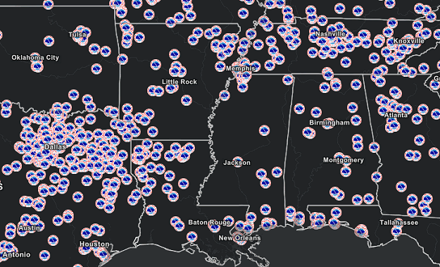 Spotters in Arkansas and surrounding states during Skywarnâ„¢ Recognition Day, 2022 (plotted on a map as of 1000 am CST on 12/03/2022).