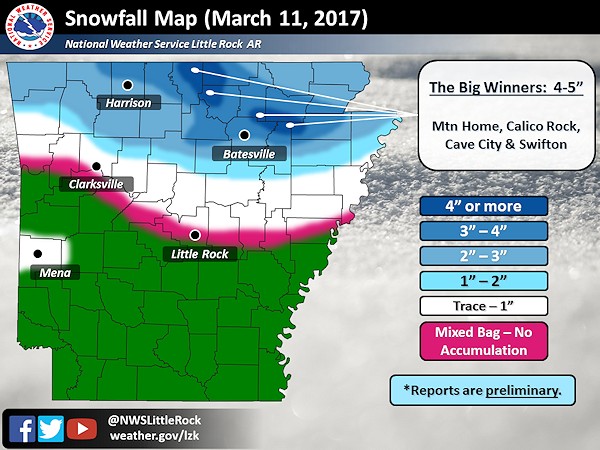 Preliminary snowfall totals on 03/11/2017.