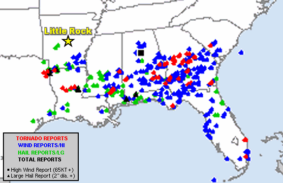 There were numerous severe weather reports, including tornadoes, on January 20-22, 2017. The image is courtesy of the Storm Prediction Center.