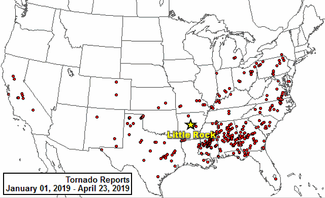 Tornado reports in 2019 (through 04/23). The graphic is courtesy of the Storm Prediction Center.