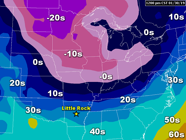 Temperatures were 20 degrees below zero or colder in parts of North Dakota, South Dakota, Minnesota, and Wisconsin at 1200 pm CST on 01/30/2019.