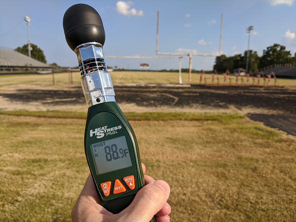 The Wet Bulb Globe Temperature (WBGT) was in the upper 80s to around 90 degrees at a junior high school football field on the west side of Jacksonville (Pulaski County) between 500 pm and 600 pm CDT on 08/09/2020. The air temperature was in the mid 90s, with a relative humidity at 50 percent (dewpoint temperature 74 degrees/wet bulb temperature 81 degrees), a south wind close to 8 mph, and a globe temperature around 115 degrees. Given the conditions, it was a very uncomfortable afternoon to be outdoors.