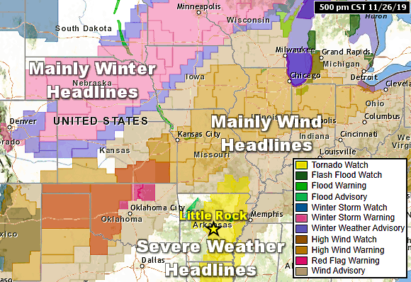 There was a variety of weather headlines (winter, wind, and severe storms) across the middle of the country on 11/26/2019.