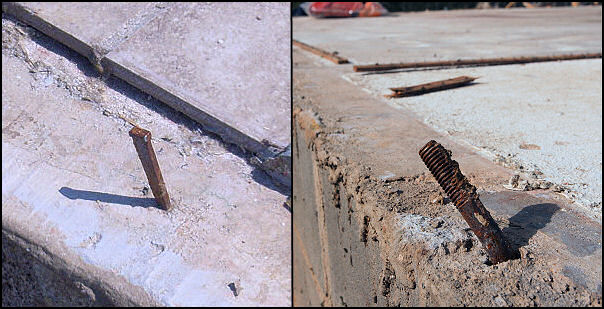 This home to left in the Vilonia (Faulkner County) area had cut nails instead of anchor bolts to fasten the structure to the foundation. To the southwest of Roland (Pulaski County), another home to right had anchor bolts, but there were no signs of any washers or nuts to hold the walls in place.