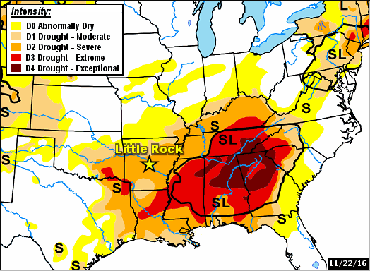 Serious drought conditions (D2 to D4) existed in the southesast United States on 11/22/2016).