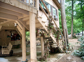 Given the debris on the stairs, water almost got into this fish camp (built on stilts) near the river.