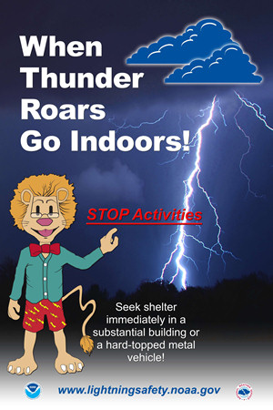 Leon the Lightning Lion says, "When Thunder Roars, Go Indoors!"