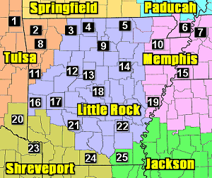 NOAA Weather Radio transmitters across Arkansas. 