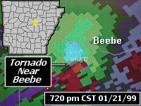 The WSR-88D (Doppler Weather Radar) showed a tornado nearing Beebe (White County) at 720 pm CST on 01/21/1999.